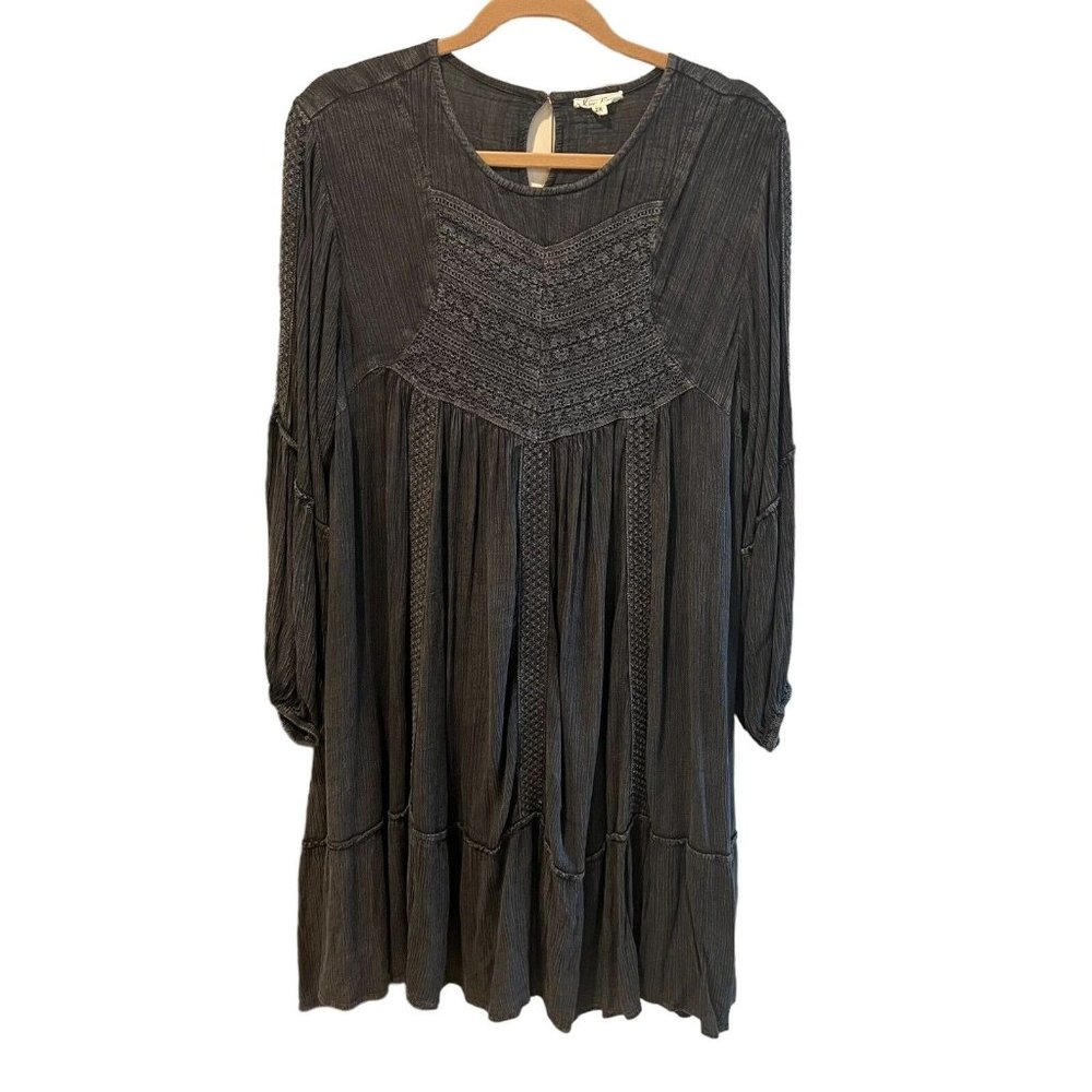 Kings Road Dress Lace Lined Crinkle Dress Dark Charcoal Boho Long Sleeve